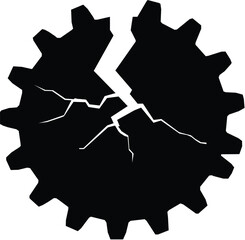 A stark black silhouette of a broken gear with a large crack running through its center symbolizing failure or malfunction silhouette.