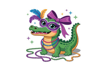 Fototapeta premium Cute Alligator Wearing Mardi Gras Mask And Beads Cartoon Illustration Sublimation Design