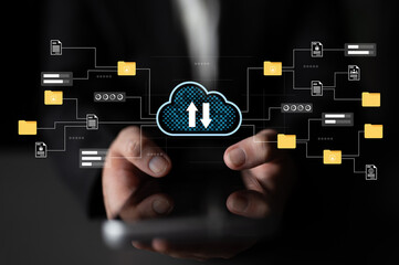 Visual representation of cloud technology showcasing hands holding a smartphone, illustrating data transfer and efficient file management in a digital context. Gantry