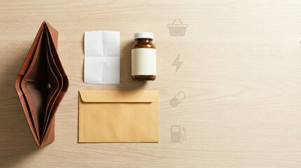 Wallet, medicine bottle, and essentials on table, healthcare cost planning