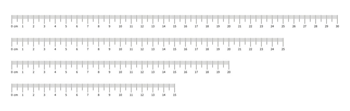 Set of measuring chart with 10cm, 15cm, 20cm, 25cm and 30 centimeters. Collection of ruler scale 100mm, 150 mm, 200mm, 250mm, 300mm with numbers. Templates of ruler scale. Length measurement height.