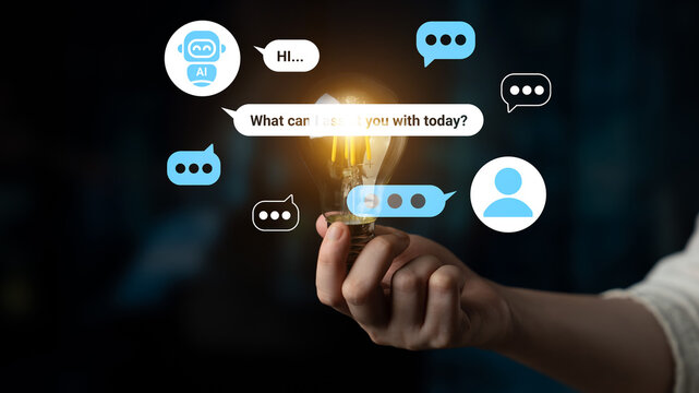 A hand holding a light bulb symbolizing creativity and innovation, with chatbot messaging bubbles reflecting modern digital communication and user interaction. Gantry - Powered by Adobe