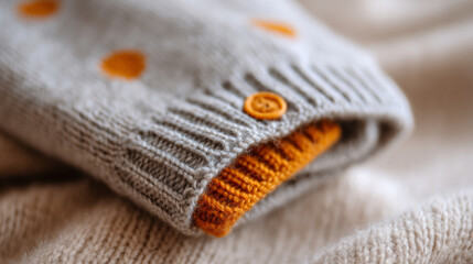 Close-up of cozy knitted sweater sleeve with orange polka dots and button detail on soft fabric background