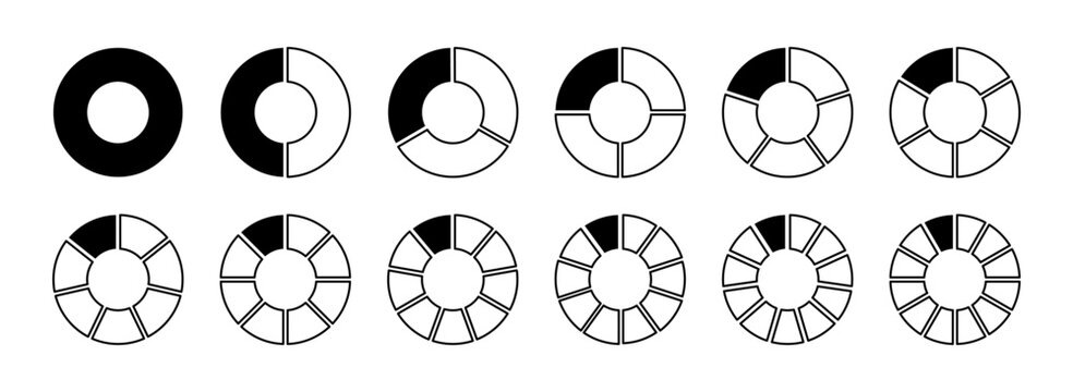 Circle division on 2, 3, 4, 5, 6, 7, 8, 9, 10, 11, 12 equal parts. Coaching black blank. Wheel round yellow divided diagrams with two, three, four, five, six, seven, eight, nine, ten, eleven segments.