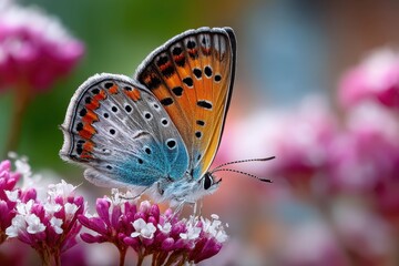 Obraz premium Butterfly with orange and blue wings on pink flowers