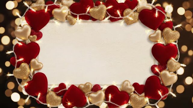 Heart Border with Lights - This video features a frame of red velvet and gold glitter hearts, interspersed with string lights. The hearts border a cream-colored rectangle, ideal for adding text.