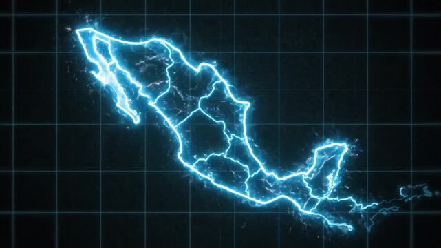 Glowing neon blue digital map of Mexico with state borders on a grid background.
