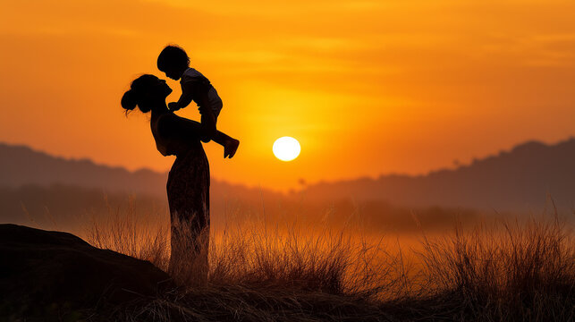 Mother holding child against sunset backdrop in outdoor setting  