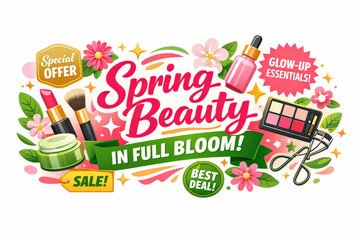 Spring Beauty Sale Banner. Modern flat holiday banner design, vibrant spring beauty marketing banner promoting glow-up essentials
