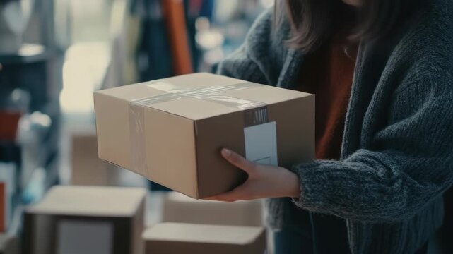 Woman carrying Amazon package.