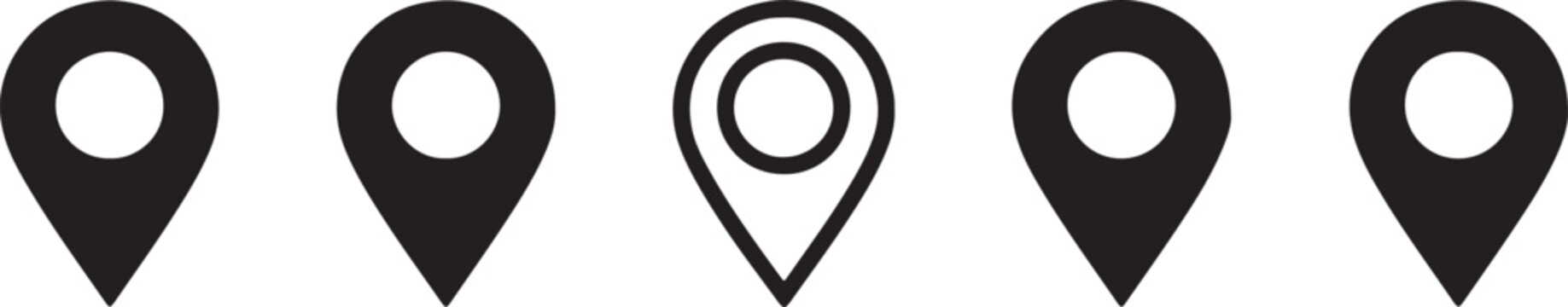 Five black location pin with one containing a smaller inner circle also transparent background