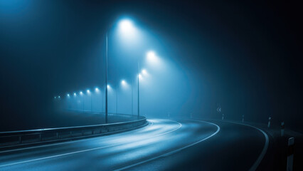 Empty highway winding through foggy night with bright street lamps illuminating misty asphalt road in blue tones