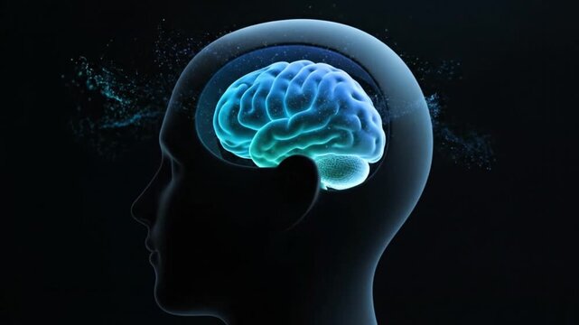 valentinsday 2026 glowing blue brain inside human head with particles flying out with animation and digital and mind and thought ramdan mubarakha