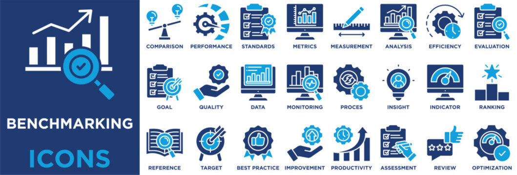 BENCHMARKING icon collection set. Containing comparison,performance,standards,metrics,measurement,analysis,efficiency,evaluation,productivity,assessment icon