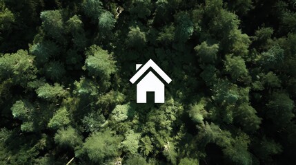 Sustainable home icon above forest canopy