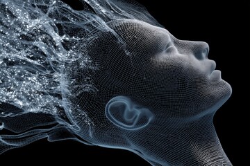 Futuristic digital wireframe portrait of human head with sparkling data flow