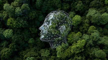 Digital face grid in lush green forest