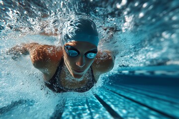 Female swimmer underwater in pool performing butterfly stroke