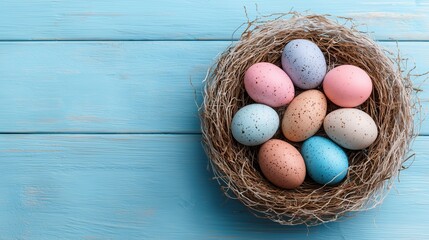 Colorful speckled easter eggs in a nest on light blue wooden background