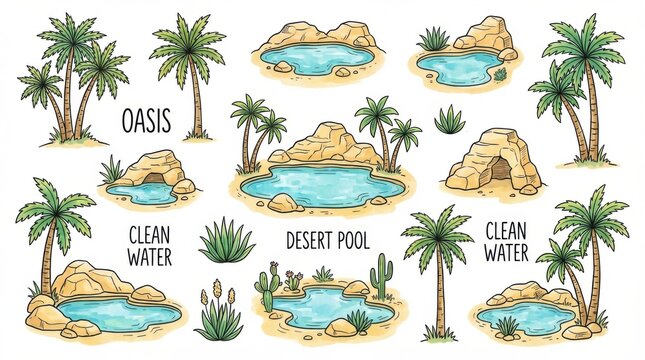 clean desert oasis palms and pools doodle set ready for logos labels and stickers isolated on white background