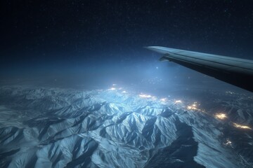 Stunning aerial view of snowy mountains from airplane wing at night