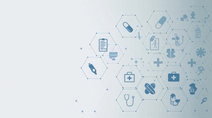 Hexagonal Medical Icons Image on Light Blue Gradient Background for Healthcare Technology and Innovation