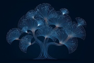 Abstract technological tree with luminescent blue network branches on dark background