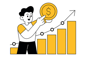 A cartoon man holding a dollar coin and pointing to a growing bar graph, symbolizing financial success and growth.