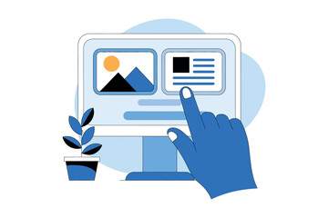 A hand interacting with a computer screen displaying a photo and text.