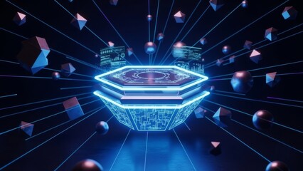 Abstract glowing hexagonal platform with geometric shapes and digital data streams in dark futuristic cyberspace