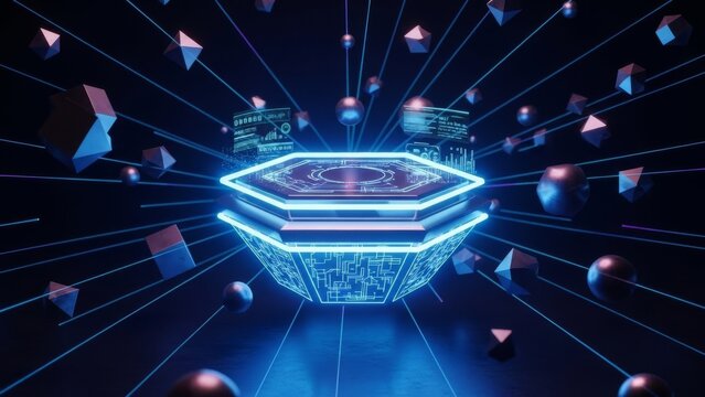 Abstract glowing hexagonal platform with geometric shapes and digital data streams in dark futuristic cyberspace - Powered by Adobe