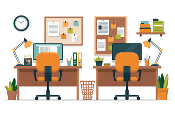 A modern office setup with two desks, computers, and office supplies in a clean and organized workspace