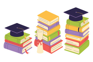 A colorful illustration of stacks of books with graduation caps and a diploma symbolizing academic achievement and education