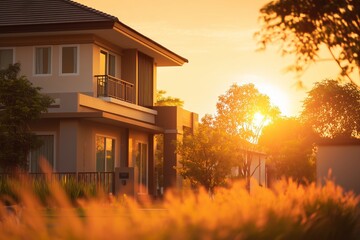 Modern house with sunrise glow and lush greenery