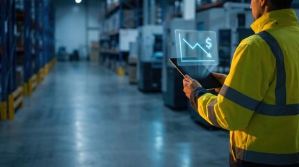 Warehouse worker using tablet for inventory control, smart logistics concept
