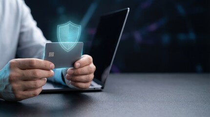 Hands holding credit card by laptop with security shield, safe online payment