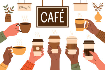 A diverse group of people enjoying coffee and tea in a cozy cafe setting