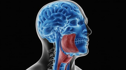 Human Head Anatomy Image with Blue Brain Red Jaw Muscles and Visible Spinal Column