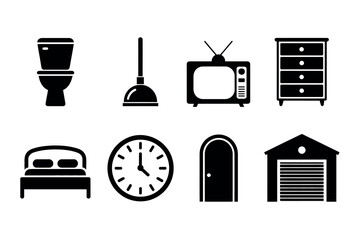 A collection of black and white icons representing common household items and furniture