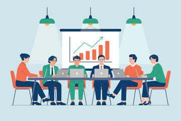 A group of business professionals sitting around a conference table with laptops and a projector screen displaying a bar graph