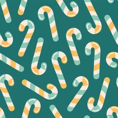 Seamless pattern with cute candy cane. Saint Patrick Day sweets. Design for banner, wallpaper, wrapping paper, background, card, poster. Vector illustration in flat style