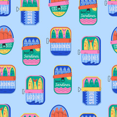 Seamless pattern with cute canned sardines. Mediterranean italian food. Design for banner, wallpaper, wrapping paper, background, card, poster. Vector illustration in flat style