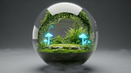 Fantasy world inside glass orb magical forest glowing mushrooms