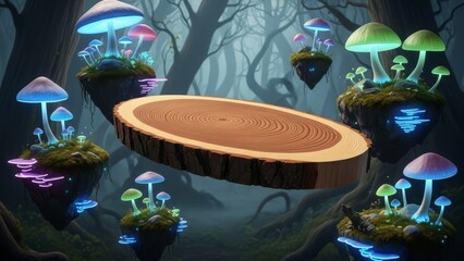 Fantasy wood slice podium surrounded by glowing mushrooms in an enchanted forest