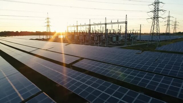 Solar Farm at Sunset - A wide shot of a solar panel farm at golden hour, with power lines and transformers in the background.