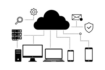 Digital network infrastructure connecting various devices to a secure cloud computing ecosystem, illustrating data management and information technology solutions