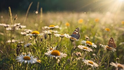Dreamy meadow with butterflies and wildflowers in golden sunlight, capturing summer glade beauty, tranquil nature, and vibrant landscape scenery in a serene outdoor setting