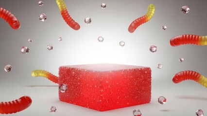Gummy candies floating with sugar crystals, sweet treat display
