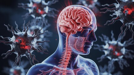 Neurological Infectioe with Red Brain and Virus Structures on Digital Human Anatomy Background