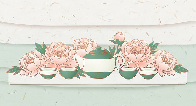 Elegant Asian Tea Set with Beautiful Peony Flowers and Green Leaves on a Textured Background